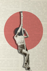 Retro style analog collage art with a man climbing a rope