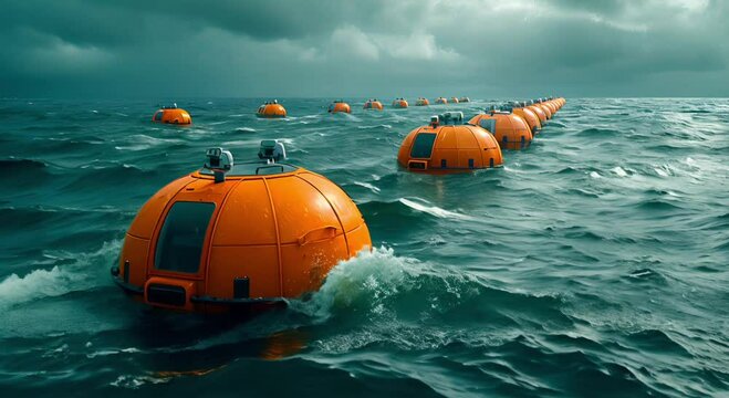 Wave energy converters bobbing on surface of the ocean, converting kinetic energy of waves into usable electricity