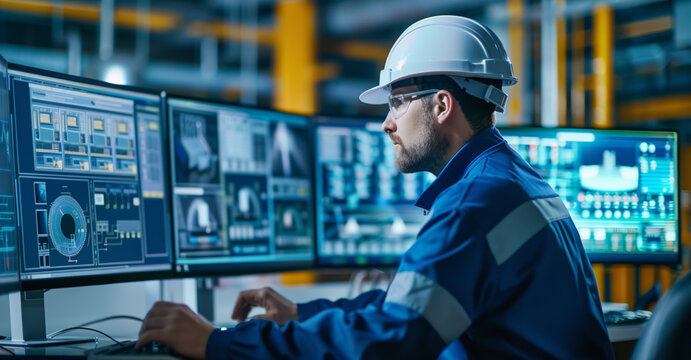 SCADA Engineer at Industrial Control Panel. Focused engineer operating SCADA system in industrial control room.
