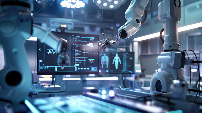 Advanced Robotic Arms in Surgical Procedure. High-tech robotic arms performing a meticulous surgical operation, backed by digital monitoring systems.