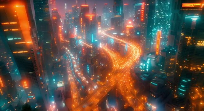 Futuristic cityscape illuminated by neon lights, showcasing advanced architecture and transportation systems like multi level car roads or maglev trains