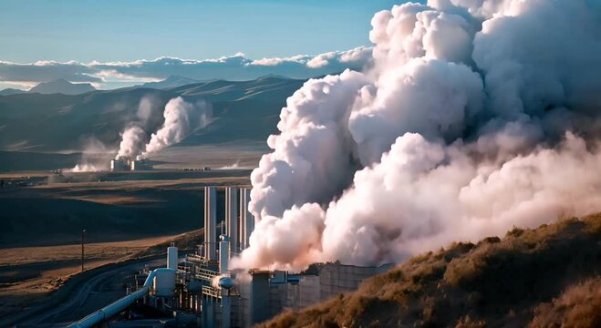 Geothermal power plants extracting heat from Earth's crust, with steam rising from deep wells against a backdrop of volcanic terrain 