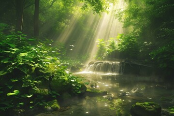 Fototapeta na wymiar Panoramic forest scenery with rays of light falling through mist, lush green foliage and a stream with tranquil clear water