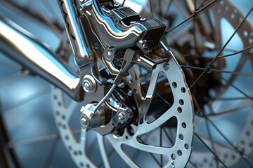 Fototapeta na wymiar Part of the bicycle's braking system. Grey metal brake disc and brake pads on road bike, close up.