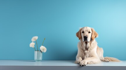 a dog sitting on a table with a vase of flowers