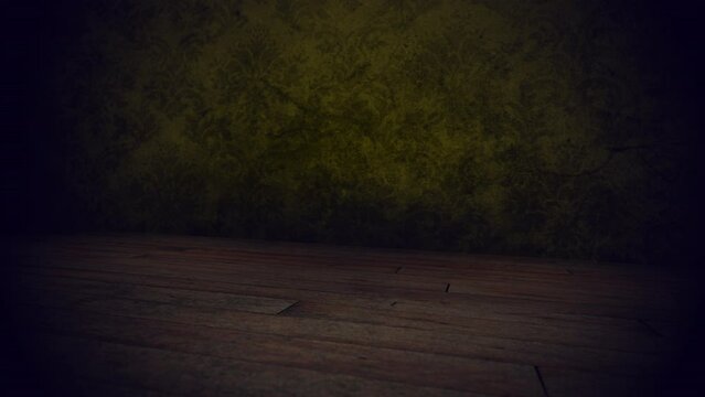 A minimalist image featuring a dark room with wooden floors and a lone yellow wall, devoid of any furniture or objects, leaving a sense of minimalist emptiness