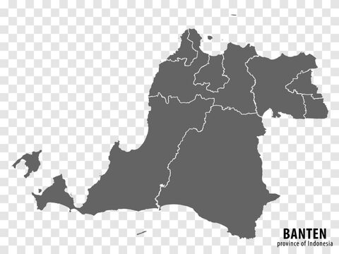 Blank map Banten province of Indonesia. High quality map Banten with municipalities on transparent background for your design. Republic of Indonesia.  EPS10.