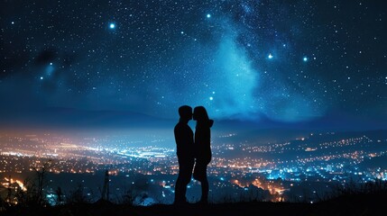 Urban Romance: Silhouette of a Couple Kissing Against the Night City Lights