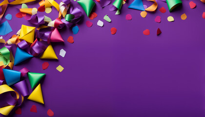 Party background with confetti and streamers, purple. Invitation background.