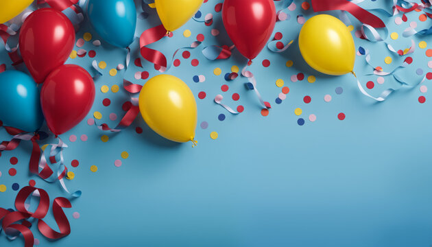 Party background with balloons and streamers, light blue. Invitation background.
