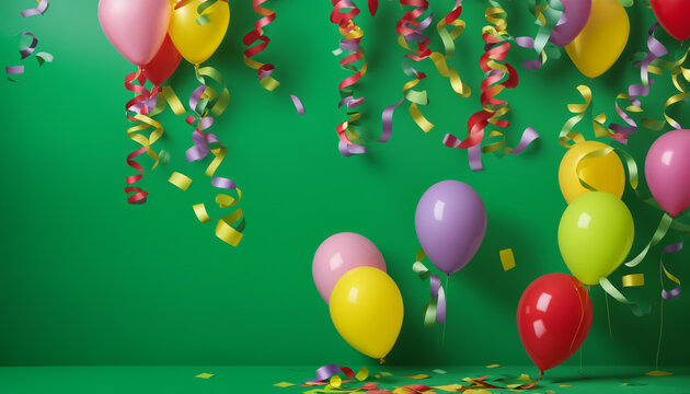 Party background with balloons and streamers, green.
