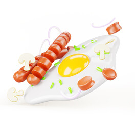 Fried egg with sausages, mushrooms and green onions 3d render. Delicious breakfast with flying slices of fresh vegetables and meat on white background. Home cooking, restaurant food. 3D illustration