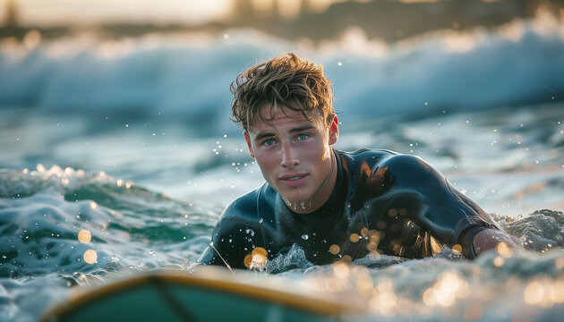 Portrait of handsome young man dressed wetsuit paddling on long surfboard on waves. Happy vacation and active time spending, active people, and extreme sport concept on the ocean coast surfing spot.
