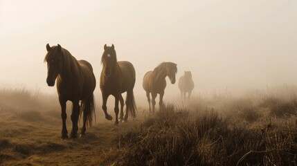 Fototapeta na wymiar Wild horse in the fog, magic scene of wildlife