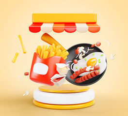 Fast food restaurant flyer 3d render. Podium with fly french fries, sauces, fried egg and sausages on frying pan, striped canopy on yellow background. Cartoon poster, banner template. 3D Illustration