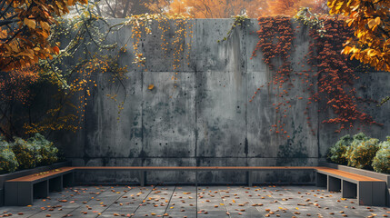 A wall with a concrete surface and a few plants. The wall is empty.  - obrazy, fototapety, plakaty