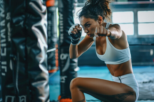 Young woman trains in kickboxing ring with heavy punching bag