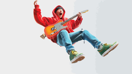 Cute funny asian music lover in red hoodie blue jeans