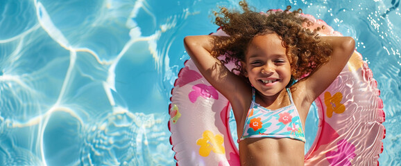 Smiling toddler liying on a ring in a swimming pool. Child on a swimming ring - obrazy, fototapety, plakaty