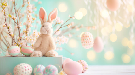 Cute toy Easter bunny on a podium with Easter eggs and Easter decorations in soft pastel colors against the background of spring flowers