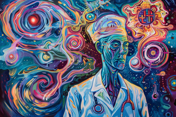 Cosmic Intellect - Vibrant Psychedelic Portrait of a Thoughtful Scientist