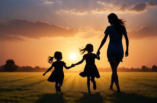 Silhouette, happy mother and two daughters running and holding hands on the field lawn at sunset in the evening. Love family activity relax concept