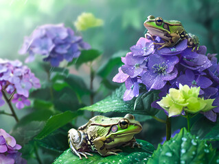 梅雨時の紫陽花と蛙のリアルイラスト - obrazy, fototapety, plakaty