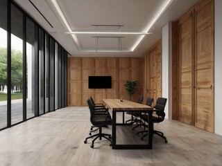 Creative office with wooden doors, chairs and tables, without people