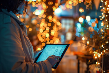 Fototapeta na wymiar Festive Planning - Professional Reviewing Blueprints on a Tablet Amid Holiday Lights