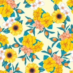 Fototapete Seamless pattern of flowers, Yellow and blue green tone background, Modern floral pattern, Vintage floral background, Pattern for design wallpaper, Gift wrap paper and fashion prints. © Pavika