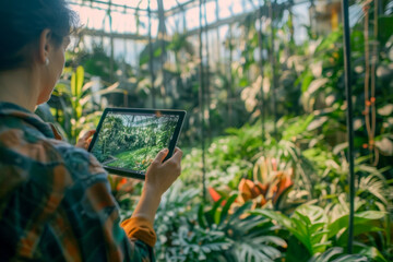 Nature and Technology Merge - Botanist Using Digital Tablet to Analyze Plant Health in Greenhouse