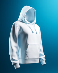 white hoodie blank empty 3d mock-up, blue background сreated with Generative Ai