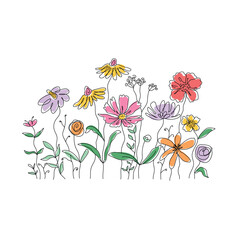 Spring flowers in the grass line art, Line art flowers meadow vector, hand drawn wildflower line art, botanical garden line art