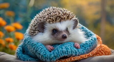 A tiny hedgehog in a cozy blanket ,cute ,adorable