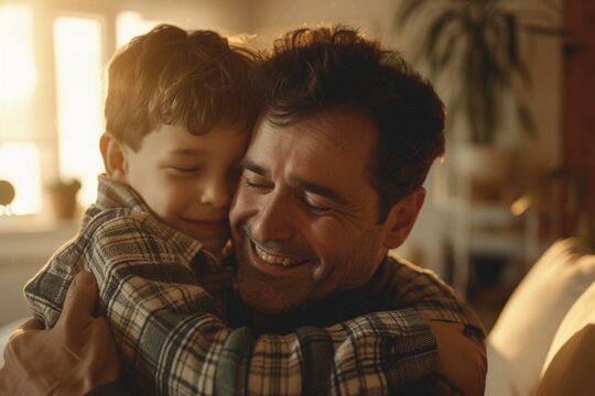 Smiling father embracing boy in arms at home