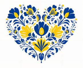 a blue and yellow floral arrangement with yellow flowers and leaves on a white background, in the shape of a heart, generative ai