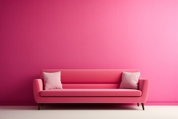 a pink couch with pillows in front of a pink wall