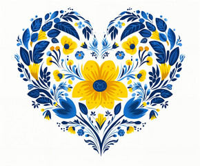 a blue and yellow floral arrangement with yellow flowers and leaves on a white background, in the shape of a heart, generative ai