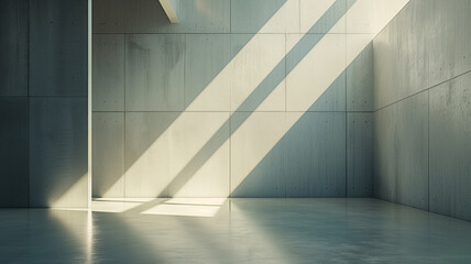 An architectural study of light and shadow, this image captures the stark beauty of sunlight streaming into a minimalist concrete space.