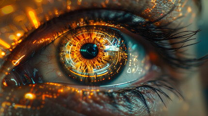 Ultra-detailed image of a human eye with a cybernetic heads-up display (HUD), showcasing advanced interface technology..