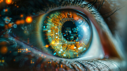 Close-up of a human eye with intricate cybernetic enhancements symbolizing advanced biotechnology...