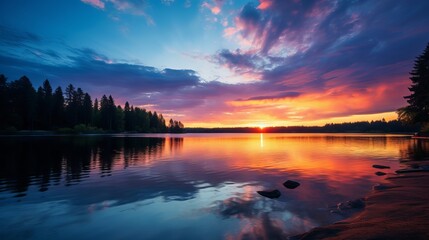 Spectacular Sunset Over Tranquil Lake with Colorful Reflections - Canon RF 50mm f/1.2L USM Captured Scene