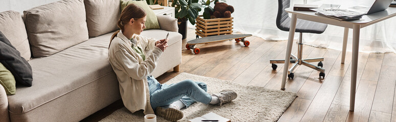 young teenager girl using her smartphone while sitting on carpet near the couch in living room - Powered by Adobe