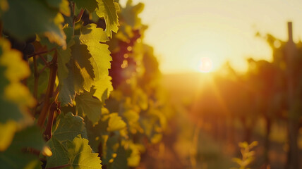 The warm glow of sunset illuminates a lush vineyard, highlighting the rich grape leaves and...