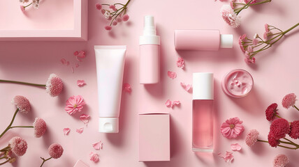 A delicate skincare layout with pink floral accents, showcasing a collection that combines beauty with the blossoming essence of nature.