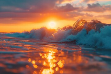 Sunrise macro photography of ocean waves crashing on shore