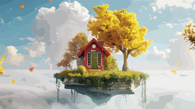 Floating island in air blue clouds bubbles autumn day
