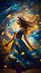 Girl Dancing in a Dreamlike Blend of Van Gogh's Starry Night and Dalí's Celestial Precision