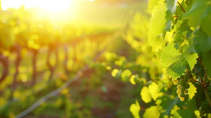 Zelfklevend Fotobehang Sun-kissed grapevines glow under the radiant light of the setting sun, inviting a feeling of warmth and abundance in the heart of the vineyard. © praewpailyn