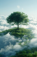 a tree appears above the clouds on a grassy field